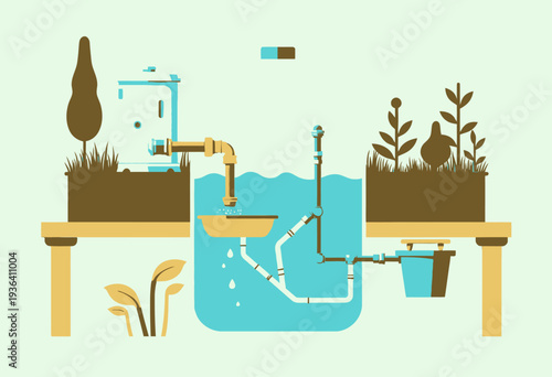 Innovative Water Recycling System with Plants in Hydroponic Setup Demonstrating Sustainable Living and Efficient Resource Management