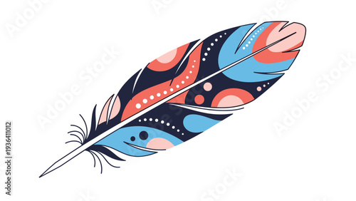Stylized bird feather features a decorative pattern of blue, red, and pink shapes for a bohemian art style.