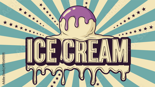 Retro style ice cream sign features a dripping purple scoop over bold text and a vintage sunburst background.