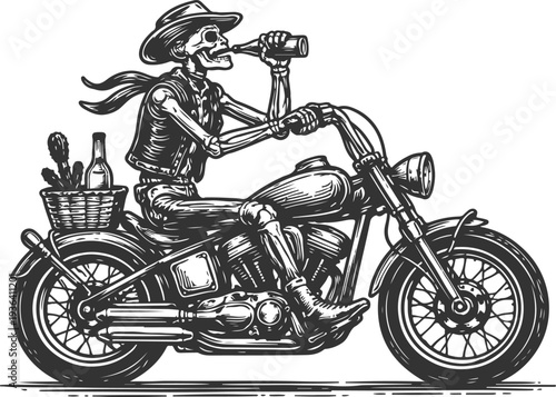 Skeleton Biker Riding Motorcycle Vintage Engraving Vector Illustration