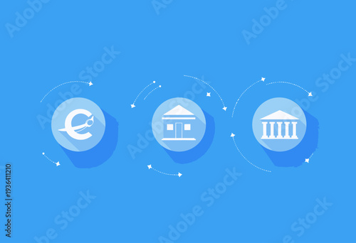 Illustration of Digital Currency Exchange and Financial Transactions with Bank Icons on Blue Background