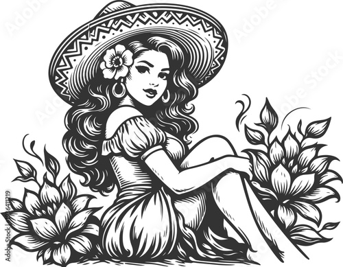 Mexican Woman Wearing Sombrero Vintage Engraving Vector Illustration