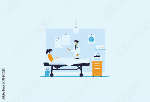 Illustration of a patient lying in a hospital bed while a doctor in a white coat stands next to the bed, offering medical advice in a clinical setting