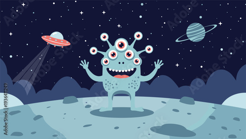 Friendly multi-eyed alien monster stands on lunar surface under starry night sky with planets and flying saucer in background.