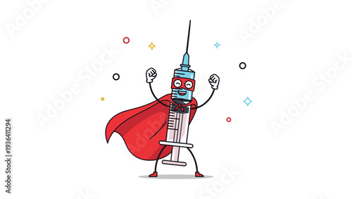 Courageous superhero medical syringe character wearing red mask and cape celebrates victory against viruses on white background.