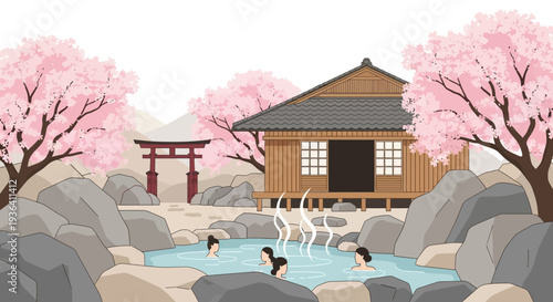 Japanese Onsen Hot Spring with Cherry Blossoms