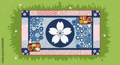 Japanese Picnic Blanket with Cherry Blossoms and Bento