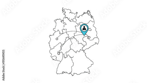 Map of Germany shows various geographic regions with location markers and dotted paths indicating travel or logistics connections.