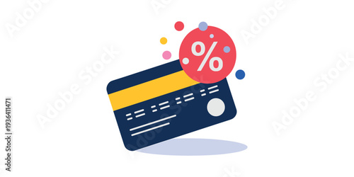 Credit card with discount percentage symbol and colorful dots payment in white background