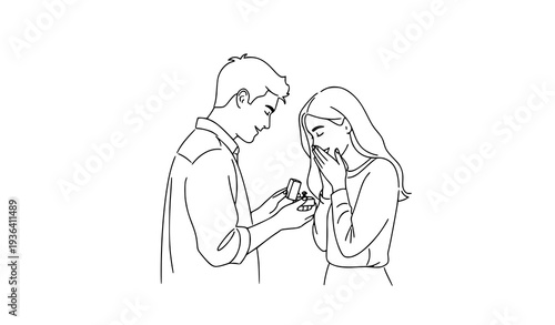 Couple Engagement Proposal Romantic Line Art Valentine Concept Vector Illustration