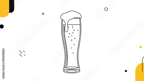Modern vector illustration of a tall beer glass with bubbles and foam surrounded by abstract geometric shapes and lines.