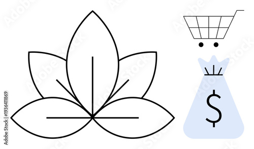 Lotus flower, shopping cart, and dollar sign bag combine wellness, commerce, and financial planning. Ideal for e-commerce, health products, business growth, mindfulness investment budgeting