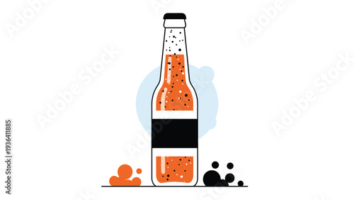 Glass bottle of refreshing orange soda or lager is surrounded by bubbles and abstract design elements on a clean background.
