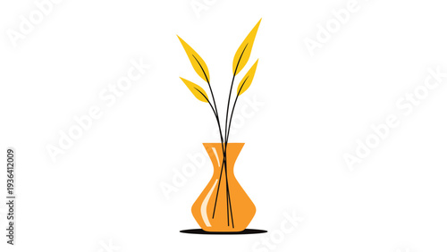 Minimalist vector illustration shows a modern orange vase holding several yellow stalks of grain or decorative grass leaves.