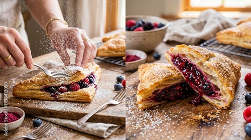 Baker generously dusts warm flaky berry turnovers with fine powdered sugar on a rustic wooden board