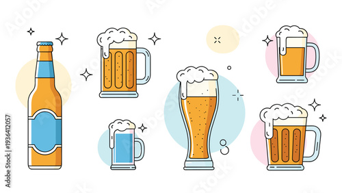 Simple icon set displays various beer glasses and a bottle with blue labels and foaming heads on a clean white background.