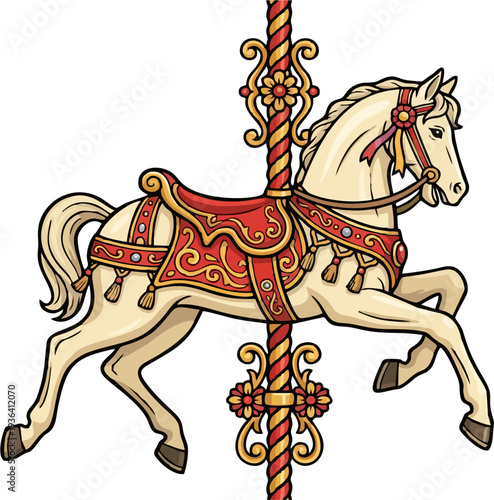 Vintage Cartoon Carousel Horse Galloping with Red Ornate Saddle, Tassels, Beads and Swirled Golden Pole Merry Go Round Vector Illustration