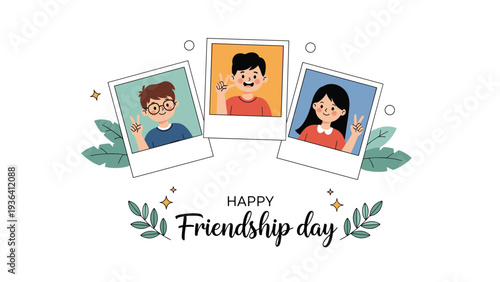 Happy Friendship Day graphic features three polaroid photos of smiling friends decorated with green leaves and golden stars.