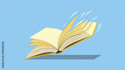 Open book with pages fluttering in the wind is illustrated on a light blue background suggesting knowledge or storytelling.