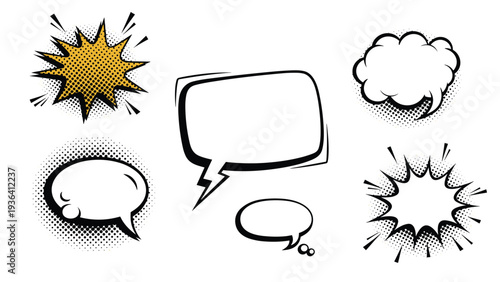 Assorted collection of comic style speech bubbles and explosion clouds are presented with halftone shading on a white surface.
