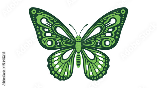 Beautifully detailed green butterfly is shown from a top down perspective with intricate symmetrical wing patterns and antennae.