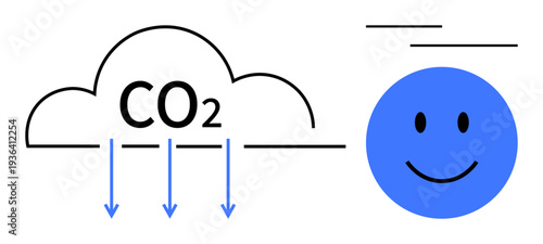 Carbon dioxide emissions. Simplified design shows CO2 impact with visual arrow ation. Carbon dioxides reduction and its connection to environmental health and sustainability. For ecology