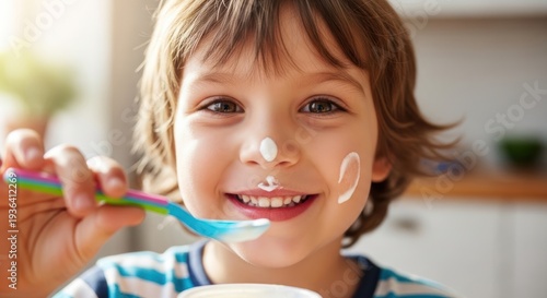 Joyful childhood moments A happy child enjoys a healthy yogurt snack, representing the pure delight of simple pleasures and good nutrition for young ones