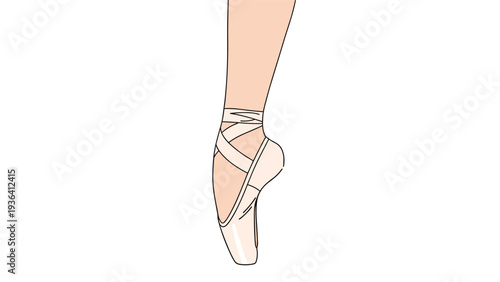 Close up illustration of a ballet dancer foot standing on toes in a pink pointe shoe isolated on a white background.