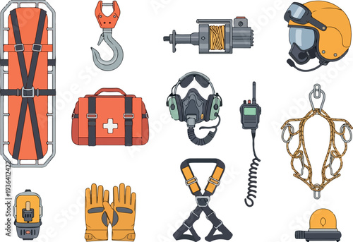 Assorted rescue equipment and safety gear for emergency response and industrial use