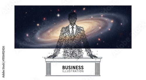 Astronaut Businessman Speaking on Podium in Galaxy Background Illustration