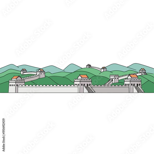 Great Wall of China illustration, ancient Chinese architecture, historical landmark, mountain landscape