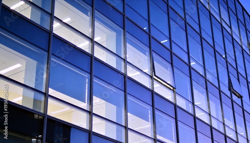 Diagonal Glass Office Building Windows With Reflections and Interior Lights, Modern Corporate Architecture Background