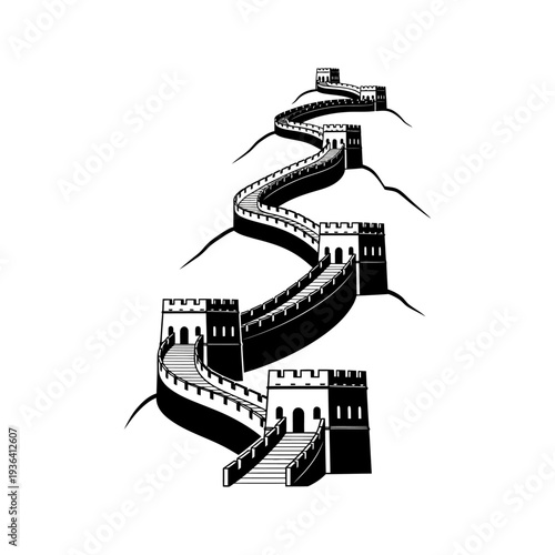 Great Wall of China illustration, ancient fortification, historical landmark, architectural wonder, travel destination