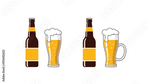 Pixel art illustration of two brown beer bottles and two glasses of foaming beer on a clean white background.