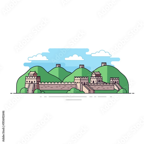 Great Wall of China illustration, ancient landmark on green hills, travel and history concept