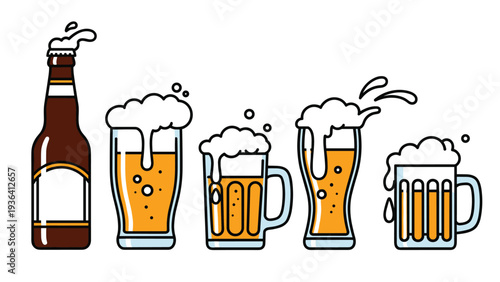 Row of various beer glasses and a bottle with overflowing foam in a simple line art style on a white background.