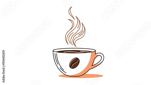 Simple illustration of a ceramic cup of hot steaming coffee with a coffee bean on the side and decorative wavy steam lines.