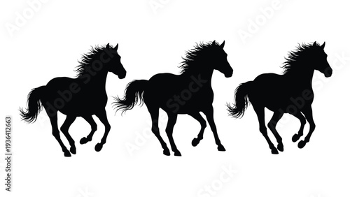 Three black horse silhouettes running side by side