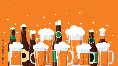 Large group of diverse beer bottles and mugs with foam on an orange background with falling snow or bubbles.
