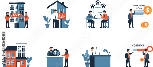 Real Estate Business Concept Set Property Sale Mortgage Contract Investment Agent Client Vector Illustration Collection