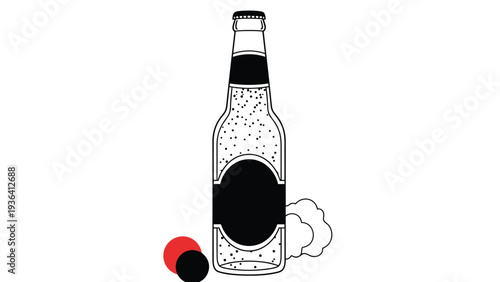 Simple black and white line drawing of a beer bottle with an empty label and decorative red and black dots for design.