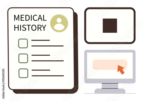 Digital health, records management, patient monitoring, telehealth, online hospitals, data accessibility. Medical history chart and computer with arrow on screen. Digital health and records