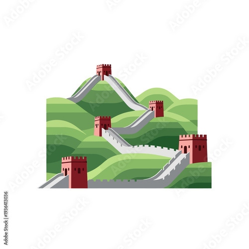 Great Wall of China, ancient Chinese fortification on green hills, iconic landmark, historical architecture