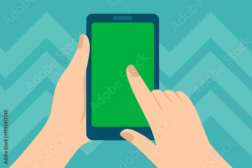 hand scrolling on smartphone with green screen background flat color vector illustration template design