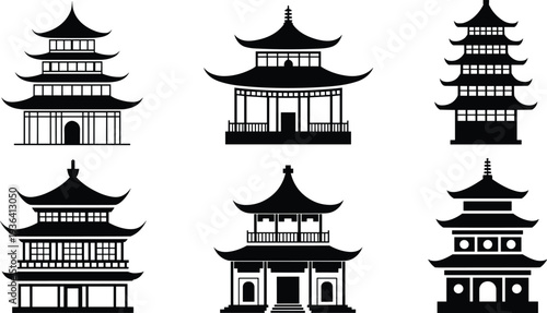 Asian temple silhouettes collection, traditional pagoda architecture icons for cultural themed vector illustration design projects
