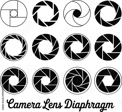 Camera lens diaphragm aperture icons set, shutter blade symbols photography logo vector illustration collection