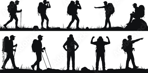 Hiker silhouettes set backpackers trekking walking resting pointing celebrating outdoor adventure travel vector illustration collection