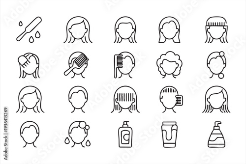 Minimal hair care vector icon bundle with woman hairstyle shampoo foam and grooming routine elements