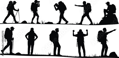 Hikers silhouette collection trekking backpackers walking resting exploring silhouette collection trekking backpackers walking resting exploring adventure outdoor travel lifestyle illustration vector 