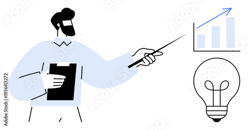 Business presentation. A professional pointing at a growth chart with a lightbulb ideas and innovation. Business includes strategy, growth, and solutions. Perfect for marketing, education